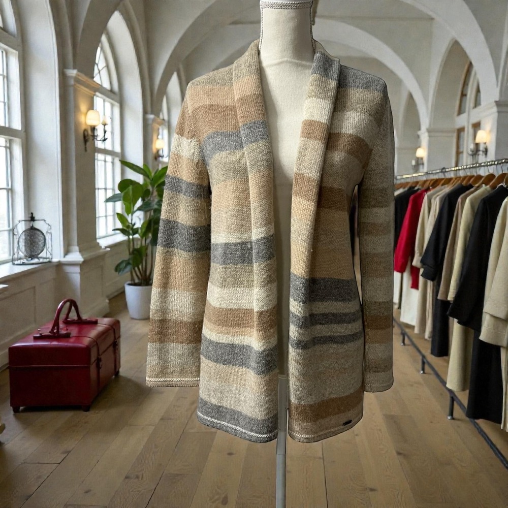 Kuna 100% Peruvian Baby Alpaca Striped‎ Open Front Cardigan Sweater Women Size S